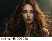 A captivating portrait of a woman with voluminous, flowing hair, her expression confident and poised as soft light highlights her beauty and grace. Стоковое AI-изображение, AI-художник Ольга Игнашина / Фотобанк Лори