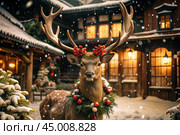 A red deer with big horns in snowy weather on the background of a Christmas tree, wooden houses and New Year's lights. Стоковое AI-изображение, AI-художник Photojuli / Фотобанк Лори