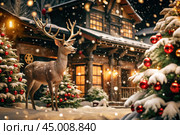 A red deer with big horns in snowy weather on the background of a Christmas tree, wooden houses and New Year's lights. Стоковое AI-изображение, AI-художник Photojuli / Фотобанк Лори