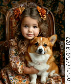 Little girl with a Pembroke Welsh Corgi. Стоковое AI-изображение, AI-художник Сергей Елизарьев / Фотобанк Лори