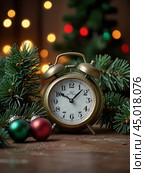 The clock is counting down the last moment of the outgoing old year. There is little time left until the New Year. Is everything ready to celebrate the New Year? Стоковое AI-изображение, AI-художник Сергей Елизарьев / Фотобанк Лори