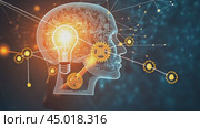 Businessman touching digital artificial intelligence head with lightbulb inside. Стоковое AI-видео, аниматор Юрий Поздников / Фотобанк Лори