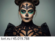 Scary Halloween makeup on a woman's face in the form of a skull, a corpse. Halloween Party. AI generated. Стоковое AI-изображение, AI-художник Ольга Симонова / Фотобанк Лори