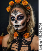 Scary Halloween makeup on a woman's face in the form of a skull, a corpse. Halloween Party. AI generated. Стоковое AI-изображение, AI-художник Ольга Симонова / Фотобанк Лори