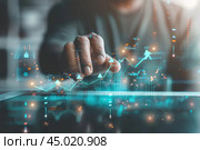 Increased profits. Benchmarking. Businessman analyzes profitability of working companies with digital augmented reality graphics, positive indicators, growing up graph and charts, colorful arrows. Стоковое AI-изображение, AI-художник Марина Демидюк / Фотобанк Лори