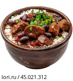Bowl of feijoada with rice and green onions garnish. Стоковое AI-изображение, AI-художник Иван Рябоконь / Фотобанк Лори