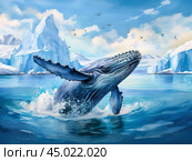Кит на фоне айсбергов. Стоковое AI-изображение, AI-художник Николай Гернет / Фотобанк Лори