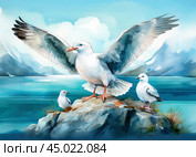 Семья чаек на фоне моря и скал. Стоковое AI-изображение, AI-художник Николай Гернет / Фотобанк Лори