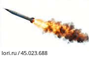 A missile launches with powerful flames and smoke against a clear background in mid-flight. Стоковое AI-изображение, AI-художник Юлия Гапеенко / Фотобанк Лори