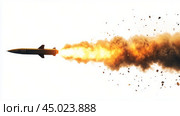 A missile launches with powerful flames and smoke against a clear background in mid-flight. Стоковое AI-изображение, AI-художник Юлия Гапеенко / Фотобанк Лори
