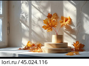 Wood pedestal podium on natural dry autumn leaf shadow beige backdrop. Fall product promotion Beauty cosmetics wooden display. Nude Studio Minimal showcase, advertisement. Стоковое AI-изображение, AI-художник Ирина Михайличенко / Фотобанк Лори