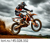 Racer. Motocross is a type of motorcycle sport, a race on special sports motorcycles, held on rough terrain on a closed track with natural (in the form of steep climbs, descents, turns, ditches, sand, etc.) and artificial (tables, jumps , track bridges) obstacles. Стоковое AI-изображение, AI-художник Сергей Елизарьев / Фотобанк Лори