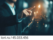 Increased profits. Benchmarking. Businessman analyzes profitability of working companies with digital augmented reality graphics, positive indicators, growing up graph and charts, colorful arrows. Стоковое AI-изображение, AI-художник Марина Демидюк / Фотобанк Лори