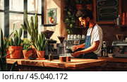 Modern Coffee Shop with Barista Using Natural Sugar Substitutes. Стоковое AI-изображение, AI-художник Sabyna75 / Фотобанк Лори