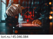 Ниспадающий график с иконкой дома и мужчиной за столом. Стоковое AI-изображение, AI-художник Александр Жуков / Фотобанк Лори