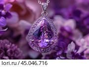 Elegant amethyst pendant on a floral background. Стоковое AI-изображение, AI-художник Иван Рябоконь / Фотобанк Лори