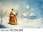 Happy Saint Nicholas Day. St.Nicolas holding gift. Winter holiday. Стоковое AI-изображение, AI-художник Ирина Ручушкина / Фотобанк Лори