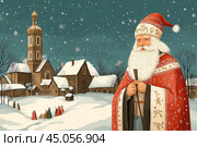 Happy Saint Nicholas Day. St.Nicolas holding gift. Winter holiday. Стоковое AI-изображение, AI-художник Ирина Ручушкина / Фотобанк Лори