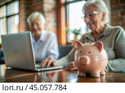 Pension. Saving money. Savings. Piggy bank in the form of a pig in close-up, Calculating the total amount of the budget. An elderly woman learns how to interact with a laptop in online payments, finance, loans, transactions. Стоковое AI-изображение, AI-художник Photojuli / Фотобанк Лори
