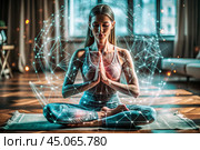The concept of esoteric spiritual meditation, a woman in the lotus position. Human meditation, spirituality and chakra activation, mystical spirit. Стоковое AI-изображение, AI-художник Photojuli / Фотобанк Лори