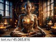 The concept of esoteric spiritual meditation, a woman in the lotus position. Human meditation, spirituality and chakra activation, mystical spirit. Стоковое AI-изображение, AI-художник Photojuli / Фотобанк Лори