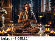 The concept of esoteric spiritual meditation, a woman in the lotus position. Human meditation, spirituality and chakra activation, mystical spirit. Стоковое AI-изображение, AI-художник Photojuli / Фотобанк Лори