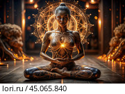 The concept of esoteric spiritual meditation, a woman in the lotus position. Human meditation, spirituality and chakra activation, mystical spirit. Стоковое AI-изображение, AI-художник Photojuli / Фотобанк Лори
