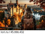 A traveler girl with a backpack on the background of a huge castle in the autumn forest in the mountains. The guy travels and enjoys life and the environment. Tourism. Стоковое AI-изображение, AI-художник Photojuli / Фотобанк Лори