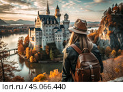 A traveler girl with a backpack on the background of a huge castle in the autumn forest in the mountains. The guy travels and enjoys life and the environment. Tourism. Стоковое AI-изображение, AI-художник Photojuli / Фотобанк Лори