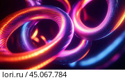 Colorful glowing loops intertwine in an abstract design, creating a vivid display of light in a dark setting. Стоковое AI-изображение, AI-художник Сергей Толмачёв / Фотобанк Лори