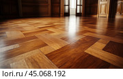 Elegant wooden parquet floor in a sunlit room with classic architecture and wooden paneling during the day. Стоковое AI-изображение, AI-художник Сергей Толмачёв / Фотобанк Лори