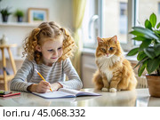 Education and training. A little curly-haired girl is doing her homework. The student does her schoolwork at home. A red-haired cat is sitting next to me. Стоковое AI-изображение, AI-художник Photojuli / Фотобанк Лори