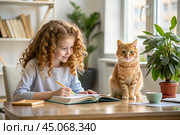 Education and training. A little curly-haired girl is doing her homework. The student does her schoolwork at home. A red-haired cat is sitting next to me. Стоковое AI-изображение, AI-художник Photojuli / Фотобанк Лори