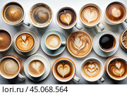 Lots of mugs of different coffee and coffee drinks on a white table. Top view, flat lay. Стоковое AI-изображение, AI-художник Photojuli / Фотобанк Лори