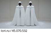 Futuristic Robotic Figures in Symmetrical White Cloaks, AI. Стоковое AI-изображение, AI-художник Сергей Старуш / Фотобанк Лори
