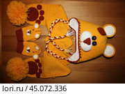 Вязаная шапка, шарф, манишка, одежда, рукоделие, вязание, пряжа, крючком, связано, шерсть, детям (2018 год). Редакционное фото, фотограф Татьяна Осипова / Фотобанк Лори