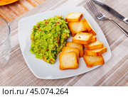 Delicious Mexican guacamole served with crispy browned toasts. Стоковое фото, фотограф Яков Филимонов / Фотобанк Лори