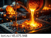 Hard work. Factory, industry, metallurgy. Casting of liquid steel from a ladle during the casting process in a foundry. Metal production. Стоковое AI-изображение, AI-художник Photojuli / Фотобанк Лори