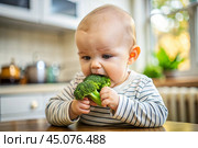 Healthy baby food. The first meal. Feeding the baby. A cute kid tastes broccoli. Fresh vegetables and fruits. Стоковое AI-изображение, AI-художник Photojuli / Фотобанк Лори