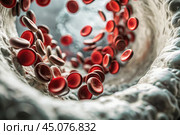 Healthcare and medicine. Red blood cells in the veins. Blood Test Cardiovascular health. Стоковое AI-изображение, AI-художник Photojuli / Фотобанк Лори