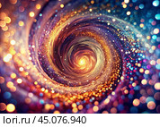 Abstract background. A bright colorful swirl of sequins and bokeh, reminiscent of a galaxy in deep space. Стоковое AI-изображение, AI-художник Photojuli / Фотобанк Лори