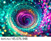 Abstract background. A bright colorful swirl of sequins and bokeh, reminiscent of a galaxy in deep space. Стоковое AI-изображение, AI-художник Photojuli / Фотобанк Лори
