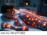 Shoulder-scapular periarthritis, muscle spasm, lumbar and neck pain, intervertebral spine hernia, woman with back pain, spinal disc disease, hip joint arthritis, chiropractic and osteopathy. Стоковое AI-изображение, AI-художник Станислав Тарко / Фотобанк Лори