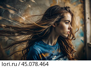 Portrait of a beautiful, young girl with a thoughtful look. The hair develops and creates a feeling of lightness and naturalness. Стоковое AI-изображение, AI-художник Photojuli / Фотобанк Лори