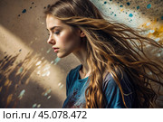 Portrait of a beautiful, young girl with a thoughtful look. The hair develops and creates a feeling of lightness and naturalness. Стоковое AI-изображение, AI-художник Photojuli / Фотобанк Лори
