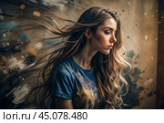 Portrait of a beautiful, young girl with a thoughtful look. The hair develops and creates a feeling of lightness and naturalness. Стоковое AI-изображение, AI-художник Photojuli / Фотобанк Лори