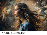 Portrait of a beautiful, young girl with a thoughtful look. The hair develops and creates a feeling of lightness and naturalness. Стоковое AI-изображение, AI-художник Photojuli / Фотобанк Лори