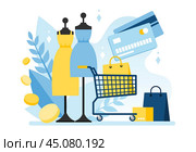 Корзина для покупок с подарочными коробками. Сумка и корзина для покупок. Интернет-магазин, рынок. Концепция бонусной распродажи, розничных и онлайн-покупок. Вектор в плоском стиле. Стоковая иллюстрация, иллюстратор Юлия Мелешина / Фотобанк Лори