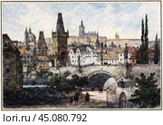 Вид района Мала страна и Градчан с острова Кампы, Прага, Чехия. 1847. Ф.К. Зандманн. Стоковая иллюстрация, иллюстратор Retro / Фотобанк Лори