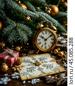 The clock is counting down the last hours of the outgoing old year. There are presents and a greeting card under the tree. There is very little time left until the New Year. Is everything ready to celebrate the New Year? New Year's cardeady to celebrate the New Year? Стоковое AI-изображение, AI-художник Сергей Елизарьев / Фотобанк Лори